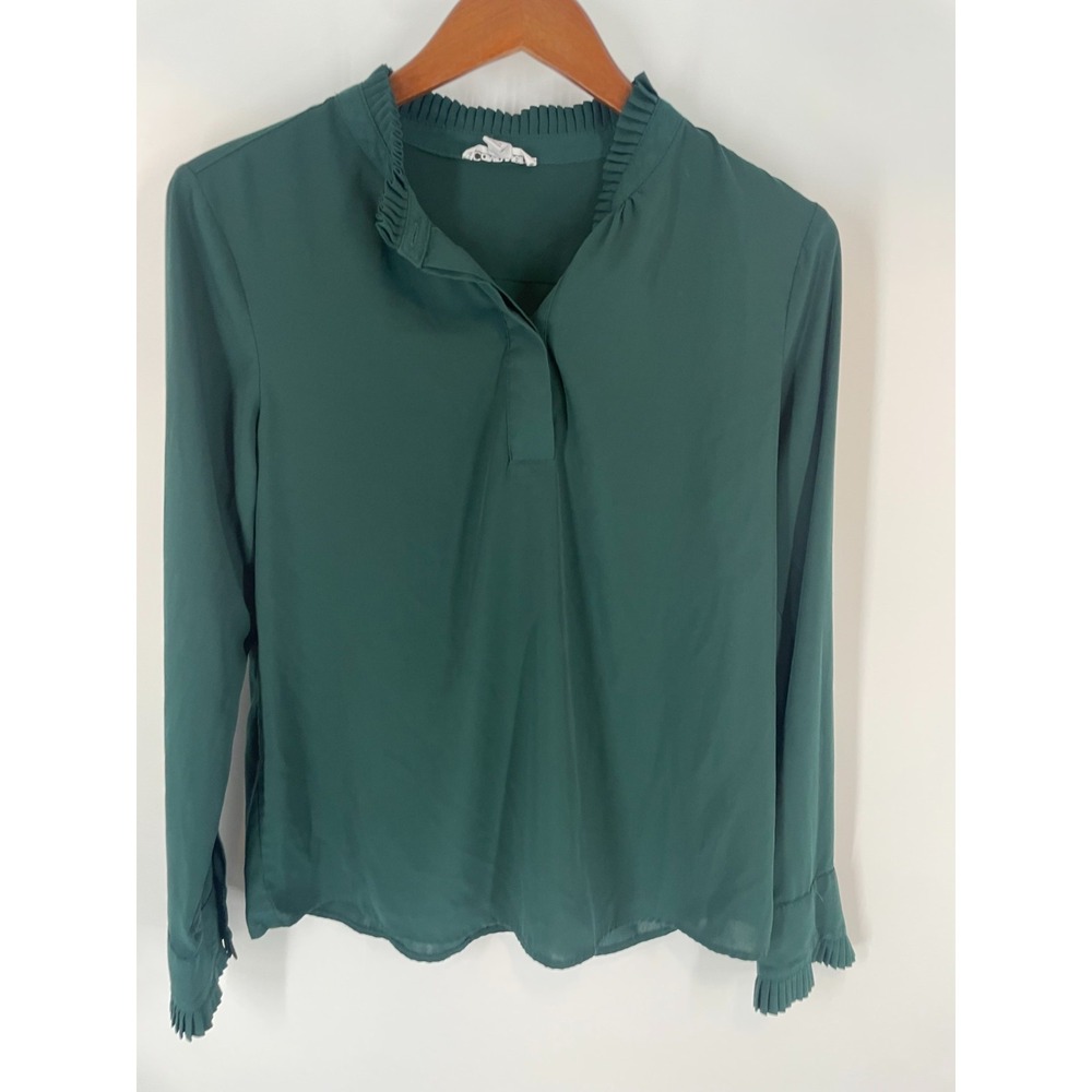 Calvin Klein Ruffled Collar & Cuff Blouse Top Dark Green Womens Size M